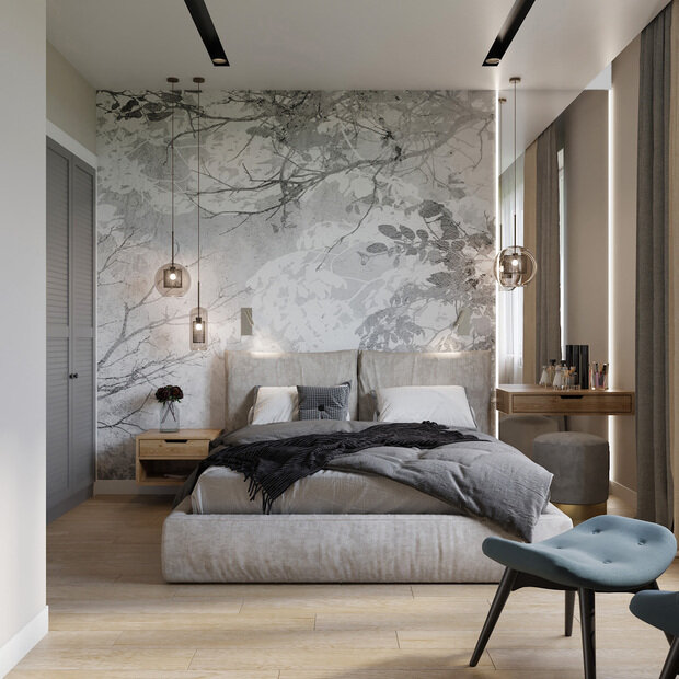 Визуализация интерьера спальни в стиле Джапанди