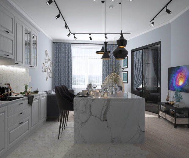 Фотография: Кухня и столовая в стиле Лофт, Современный, Квартира, Проект недели, Москва, Монолитный дом, 3 комнаты, 60-90 метров, ЖК «Невский», Инна Азорская – фото на INMYROOM