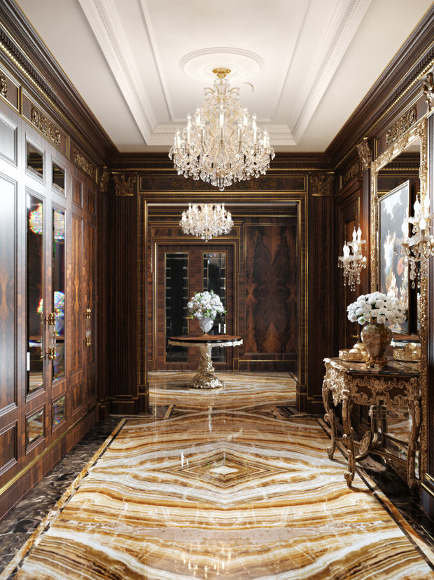 Фото из портфолио ЖК Русский Авангард, 295 кв.м., полудрагоценные полы, стены с золотыми вставками – фотографии дизайна интерьеров на INMYROOM