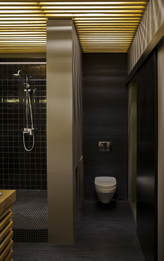 Фотография: Ванная в стиле Лофт, Минимализм, Современный, Квартира, Студия, Украина, Планировки, Проект недели, Черный, Зеленый, Бежевый, Желтый, Серый, Коричневый, Киев, Эко, Алексей Быков – фото на INMYROOM