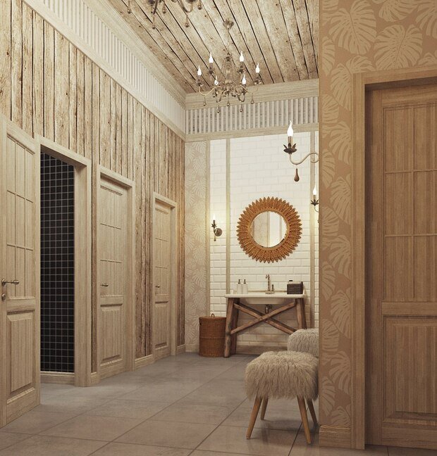 Визуализация ванной комнаты в эко-стиле с деревянными панелями и винтажным декором