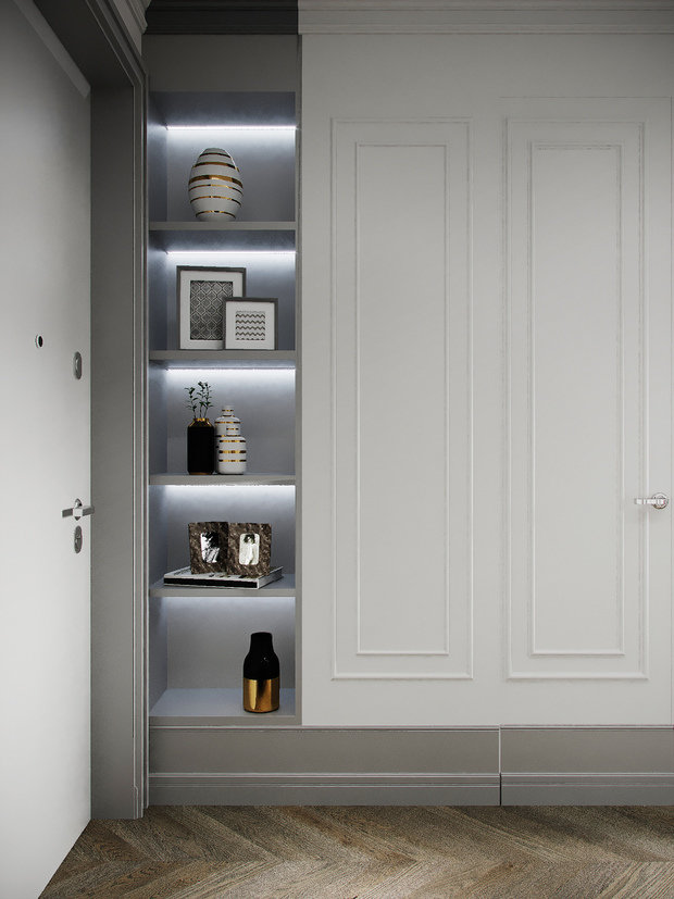 Визуализация интерьера прихожей в современном стиле с декоративными нишами
