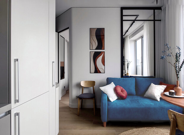 Фотография: Кухня и столовая в стиле Современный, Малогабаритная квартира, Квартира, Проект дня, Москва, Монолитный дом, 1 комната, до 40 метров, Юлия Гордеева, современный с элементами минимализма и скандинавского стиля, ЖК «Логос» – фото на INMYROOM