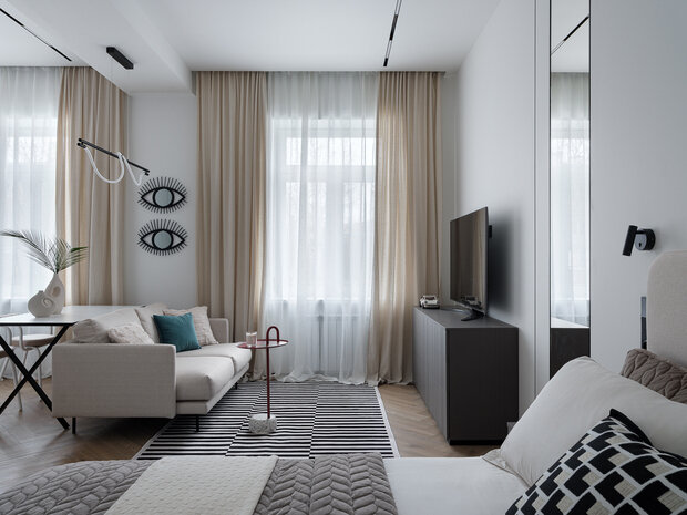 Фотография: Гостиная в стиле Современный, Минимализм, Квартира, Проект дня, Москва, Сталинка, 1 комната, до 40 метров, Nisha Buro – фото на INMYROOM