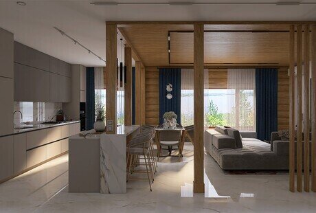 Дизайн интерьера 1эт. 63,54 м²  бревенчатого дома на Волге г. Казань
