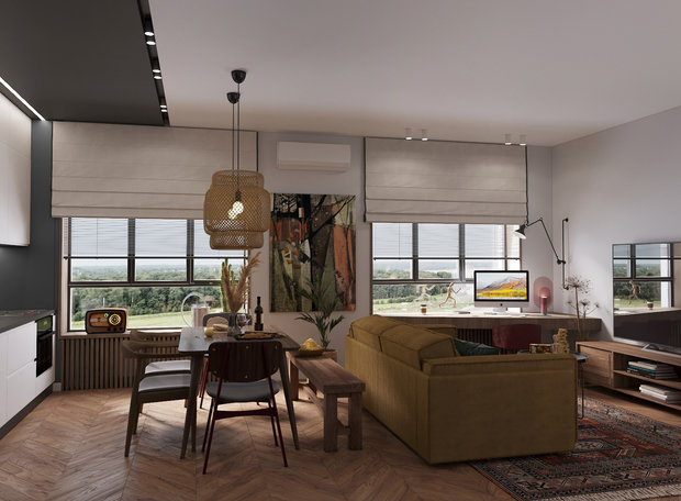 Обратите внимание на деревянную скамейку у стола — весьма нестандартное решение для квартир, но для выбранного стиля отлично подходит. Обеденные стулья из разных коллекций также придают интеллигентную небрежность, актуальную для концепции бохо.