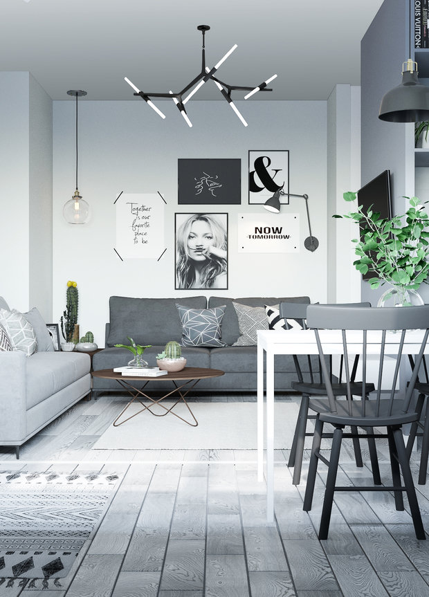 Фотография: Гостиная в стиле Скандинавский, Квартира, Проект недели, Минск, 3 комнаты, 60-90 метров, Монолитно-кирпичный, Ирина Горячко – фото на INMYROOM