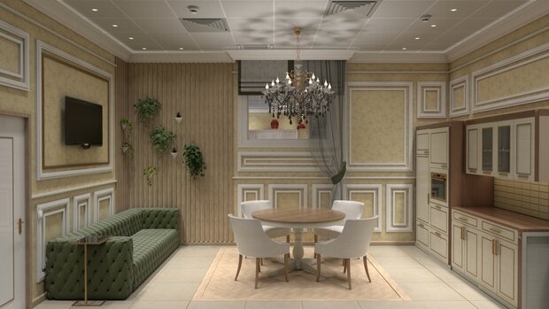 Фото из портфолио Столовая для сотрудников и комната отдыха для руководства фирмы, г.Москва. Просьба заказчика - оставить характерные стулья в столовой. – фотографии дизайна интерьеров на INMYROOM