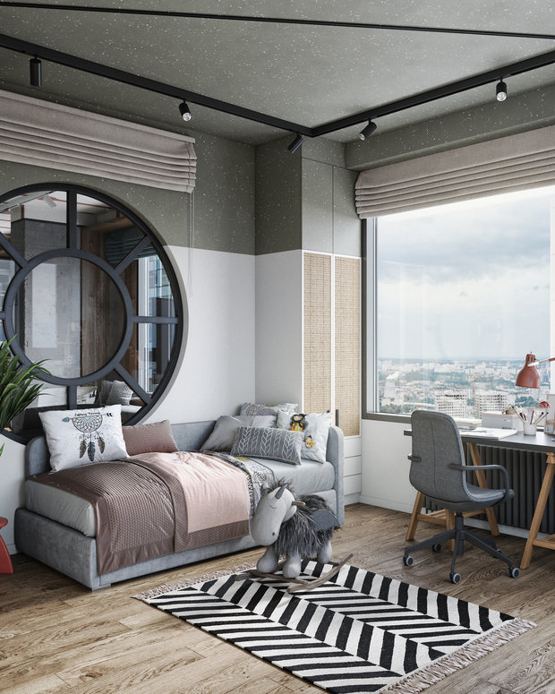 Потолок и часть стены выкрасили в глубокий серо-зеленый оттенок, добавив камерности интерьеру.