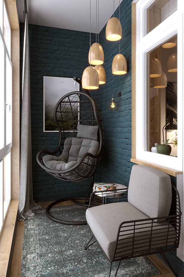 Визуализация интерьера балкона в современном стиле с элементами лофта