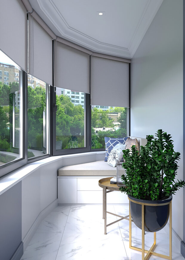 Визуализация балкона в современном стиле с панорамными окнами и зоной отдыха