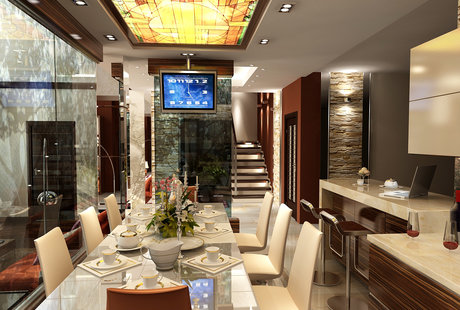 Столовая-кухня в загородном доме, современный стиль