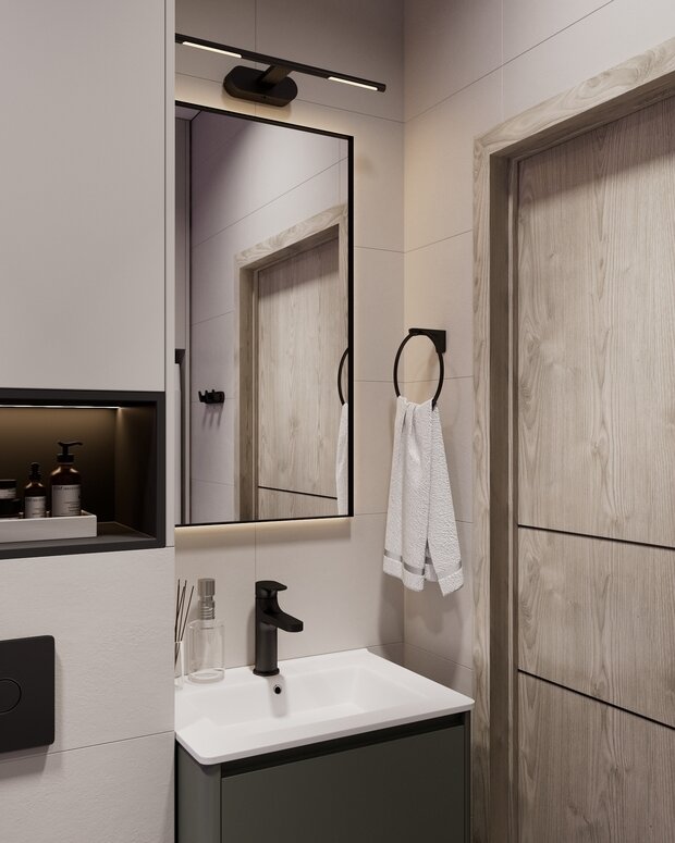 Интерьер ванной комнаты в стиле минимализм с элементами джапанди