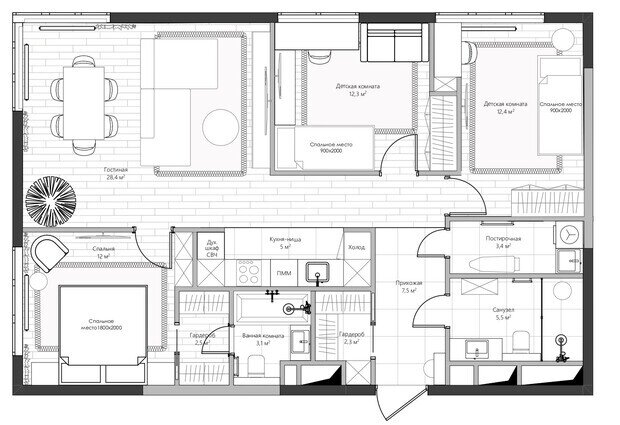 Фотография: Планировки в стиле , Современный, Квартира, Проект дня, Москва, 4 и больше, Более 90 метров, Фестиваль-Парк 2, Екатерина Шевелева – фото на INMYROOM