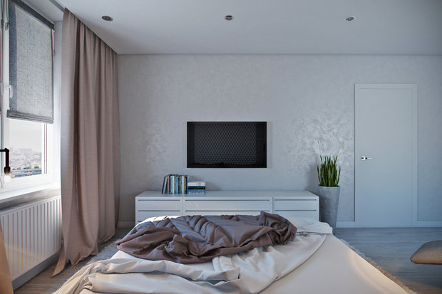 Фотография: Спальня в стиле Лофт, Современный, Гардеробная, Квартира, Россия, Белый, Минимализм, Проект недели, Москва, Зеленый, Бежевый, Серый, Коричневый, Олеся Лигай – фото на INMYROOM