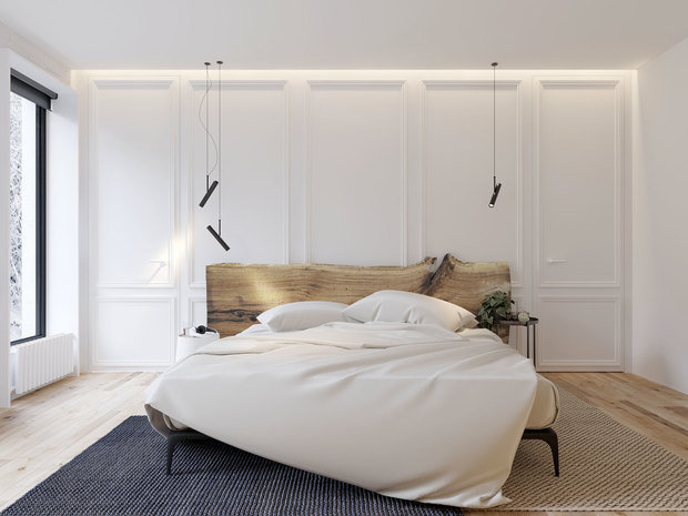 Визуализация интерьера спальни в стиле минимализм с элементами джапанди