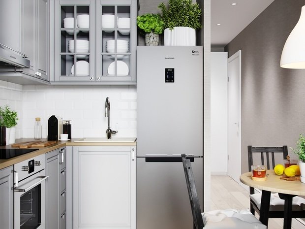 Фотография: Кухня и столовая в стиле Скандинавский, Ванная, Гостиная, Балкон, Квартира, Белый, Проект недели, Бежевый, Серый, 1 комната, до 40 метров, ПРЕМИЯ INMYROOM – фото на INMYROOM