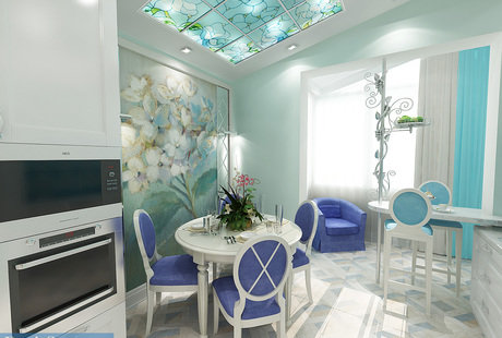 Кухня с балконом в загородном доме, современная классика