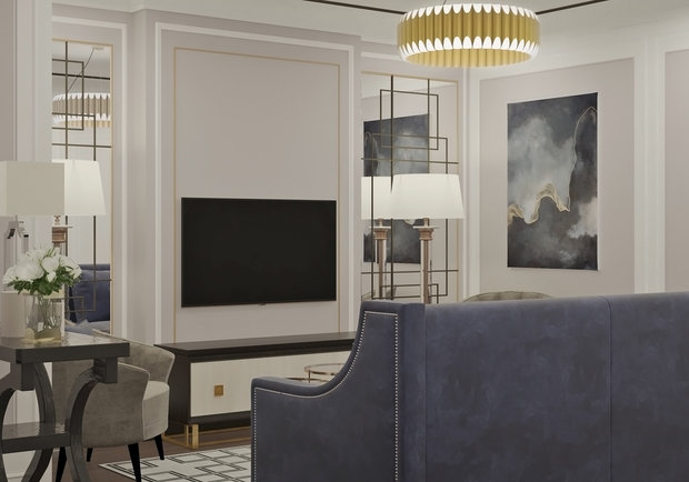 Визуализация интерьера гостиной в классическом стиле с элементами современного дизайна