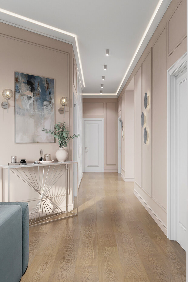 В коридоре была заранее предусмотрена большая ниша под шкаф, который сделали белым в тон межкомнатных дверей. В прихожей в шкафу разместили скамью с мягкой подушкой, крючки над скамьей для курток, полку для головных уборов и шарфов, а под скамьей оставили пространство для уличной обуви. Пол по всей зоне прихожей предусмотрен с подогревом, поэтому уличная обувь будет быстро высыхать, а перемещаться по плитке босиком будет комфортно.