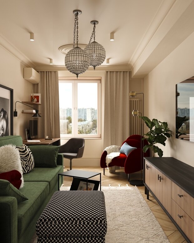 Фотография: Гостиная в стиле Современный, Эклектика, Квартира, Проект дня, Монолитный дом, 2 комнаты, 40-60 метров, Илона Рафикова – фото на INMYROOM