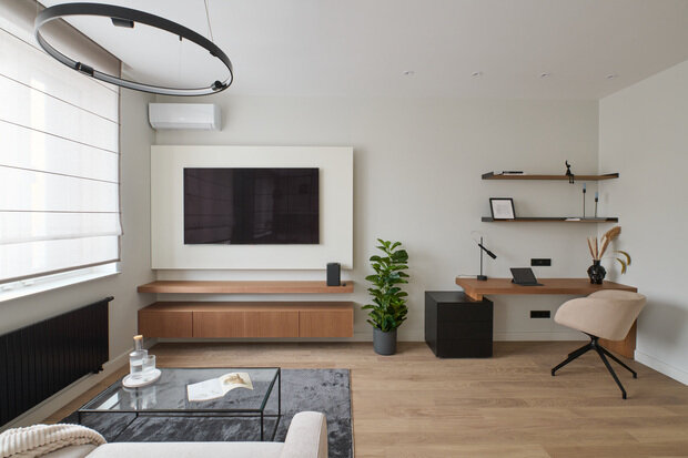 Фотография: Гостиная в стиле Современный, Минимализм, Квартира, Проект дня, Москва, 2 комнаты, 60-90 метров, Алина Роговская, ЖК «Квартал» – фото на INMYROOM