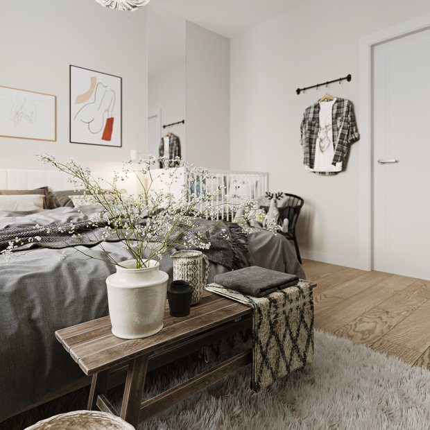Фотография: Спальня в стиле Скандинавский, Квартира, Проект недели, Москва, 2 комнаты, 60-90 метров, Эльжбета Чегарова – фото на INMYROOM