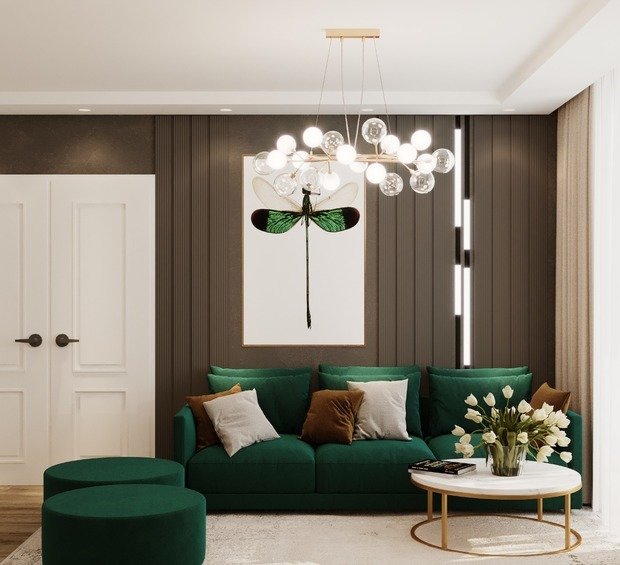 Визуализация интерьера гостиной в современном стиле с изумрудным диваном