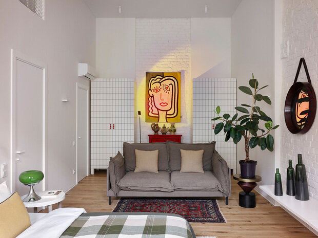Фотография: Гостиная в стиле Скандинавский, Современный, Эклектика, Квартира, Проект дня, Санкт-Петербург, Кирпичный дом, 1 комната, Николай Банников, эклектика с элементами эко и современного стиля, Алена Дорофеева – фото на INMYROOM
