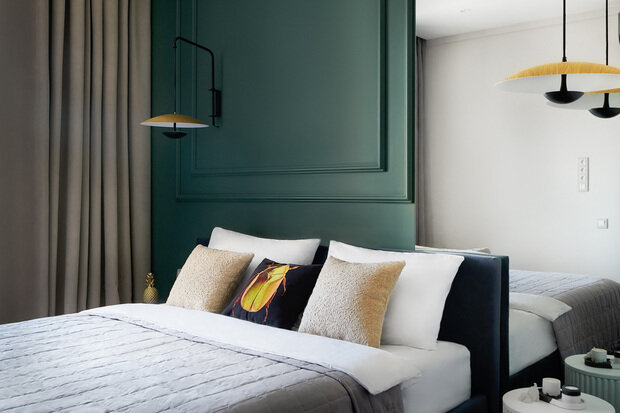 Фотография: Спальня в стиле Современный, Квартира, Проект дня, Москва, 2 комнаты, 40-60 метров, Евгения Акимова, ЖК «RiverSky» – фото на INMYROOM