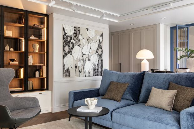 Фотография: Гостиная в стиле Современный, Квартира, Проект дня, Москва, Тишинка, Кирпичный дом, 2 комнаты, 60-90 метров, Анастасия Козловская – фото на INMYROOM