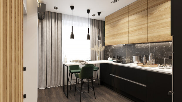 Визуализация интерьера кухни в современном стиле с элементами минимализма