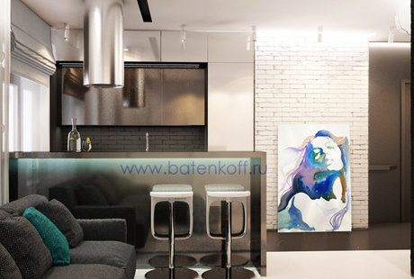 Москва. Дизайн проект небольшой гостиной кухни прихожей в стиле лофт в Красногорске от Батенькофф