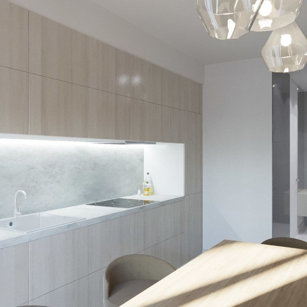 Визуализация интерьера кухни в стиле минимализм с элементами джапанди