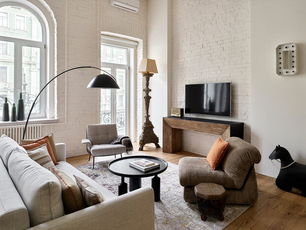 Фотография: Гостиная в стиле Скандинавский, Современный, Эклектика, Квартира, Проект дня, Санкт-Петербург, Кирпичный дом, 1 комната, Николай Банников, эклектика с элементами эко и современного стиля, Алена Дорофеева – фото на INMYROOM