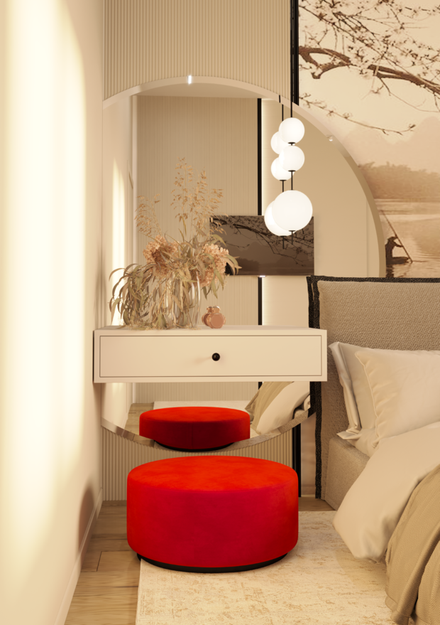 Визуализация интерьера спальни в стиле джапанди