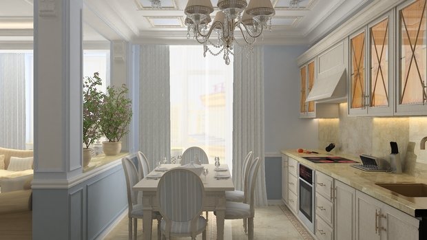 Визуализация интерьера кухни и столовой в классическом стиле