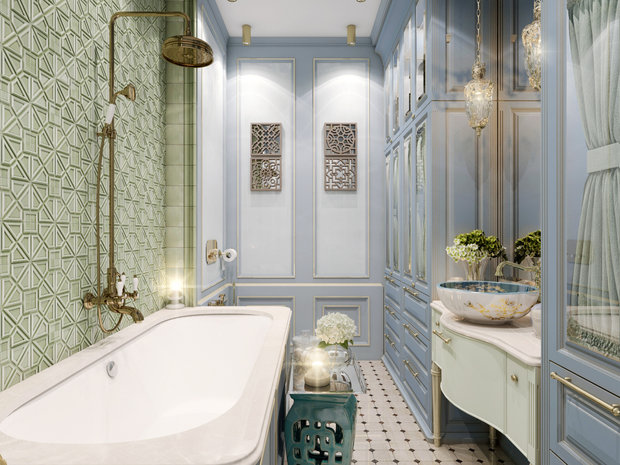 Фотография: Ванная в стиле Классический, Эклектика, Квартира, Проект недели, Москва, Яна Волкова, Юрий Волков, Студия Волковых, новостройка, Монолитный дом, 2 комнаты, 60-90 метров – фото на INMYROOM