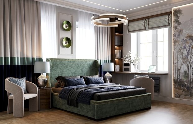 Визуализация интерьера спальни в современном стиле с элементами джапанди