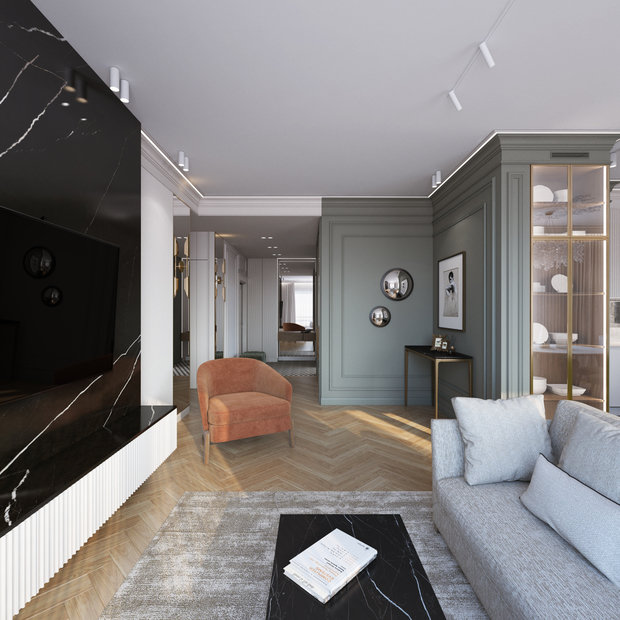 Визуализация гостиной в современном стиле с элементами минимализма