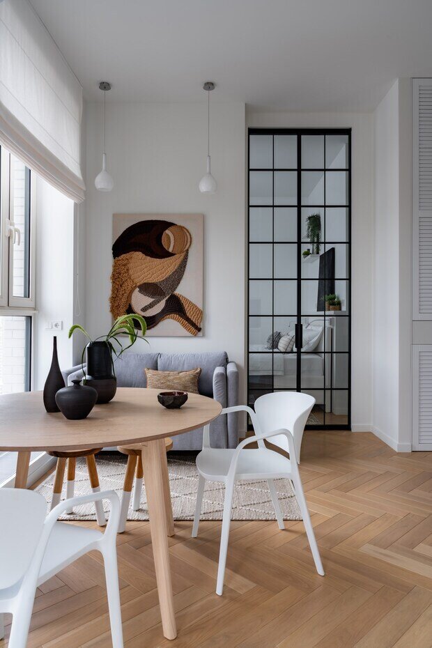 Фотография: Гостиная в стиле Скандинавский, Современный, Малогабаритная квартира, Квартира, Проект дня, Москва, 2 комнаты, до 40 метров, Александра Лаврова – фото на INMYROOM