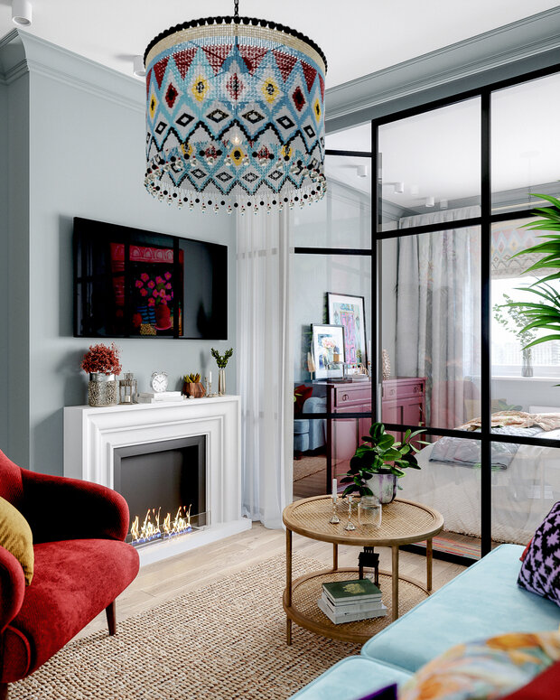 Заказчики мечтали о живом огне, поэтому в интерьере появился биокамин, он добавил тепла и уюта обстановке.