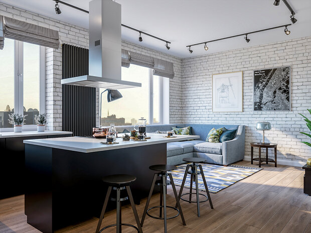 Диван в гостиной зоне большой угловой со спальным местом для размещения гостей.