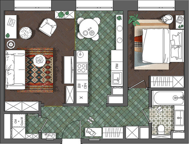 Фотография: Планировки в стиле , Квартира, Проект дня, Москва, Фили, 2 комнаты, 40-60 метров, Валерия Анисимова, современный с элементами эклектики, Анастасия Ярышева – фото на INMYROOM