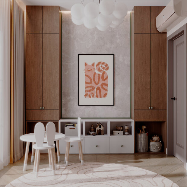 Визуализация интерьера детской в скандинавском стиле с элементами джапанди