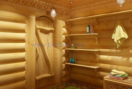 Дизайн помывочной зоны в доме из бревна в русском народном стиле.