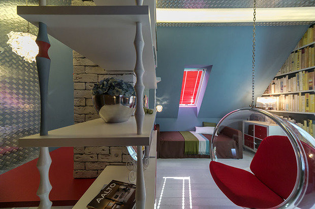 Фотография: Спальня в стиле Лофт, Современный, Интерьер комнат, Дача, Дачный ответ, Библиотека, Мансарда – фото на INMYROOM