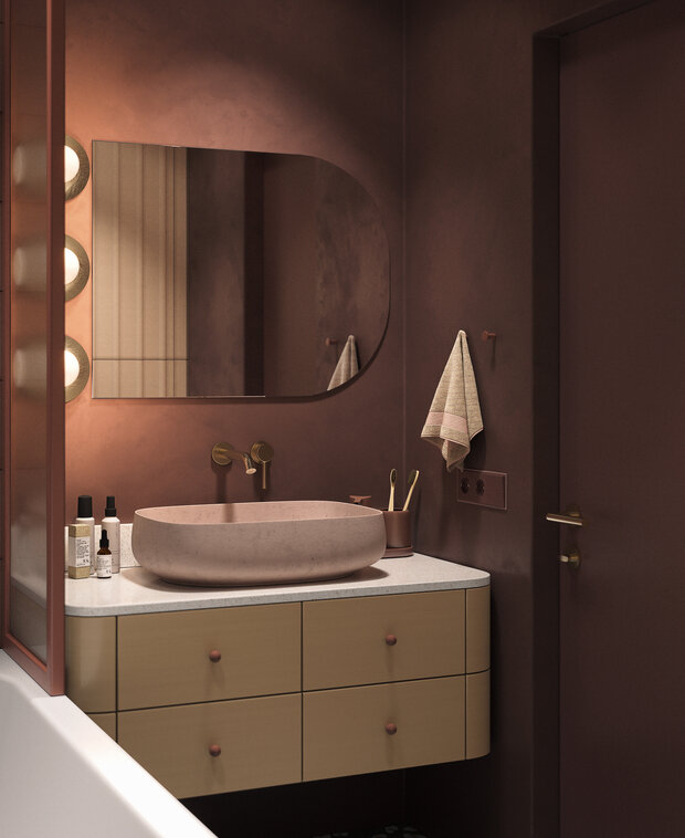 Фотография: Ванная в стиле Современный, Эклектика, Малогабаритная квартира, Квартира, Проект недели, Москва, Монолитный дом, 1 комната, до 40 метров, terracotta.buro, Илона Рафикова – фото на INMYROOM