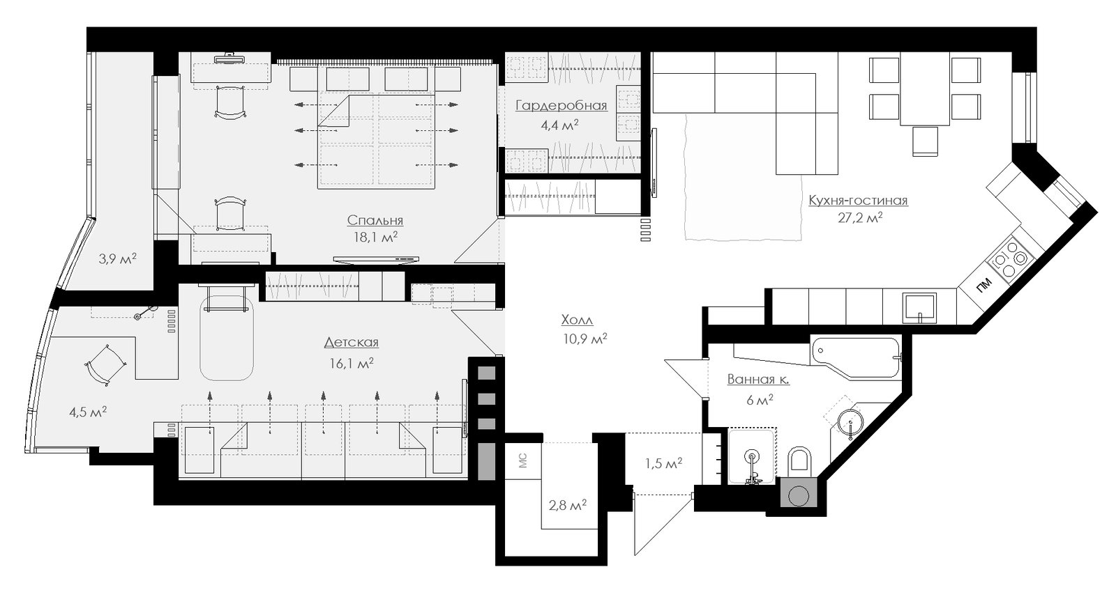 Фотография: Планировки в стиле , Скандинавский, Квартира, Проект недели, Илья Бокарев, Bokarev architects, новостройка, Монолитный дом, 2 комнаты, Более 90 метров – фото на INMYROOM