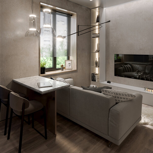 Фотография: Гостиная в стиле Современный, Минимализм, Малогабаритная квартира, Квартира, Студия, Москва, Хрущевка, Кирпичный дом, до 40 метров, MARI GRI Interiors, Мари Гри – фото на INMYROOM